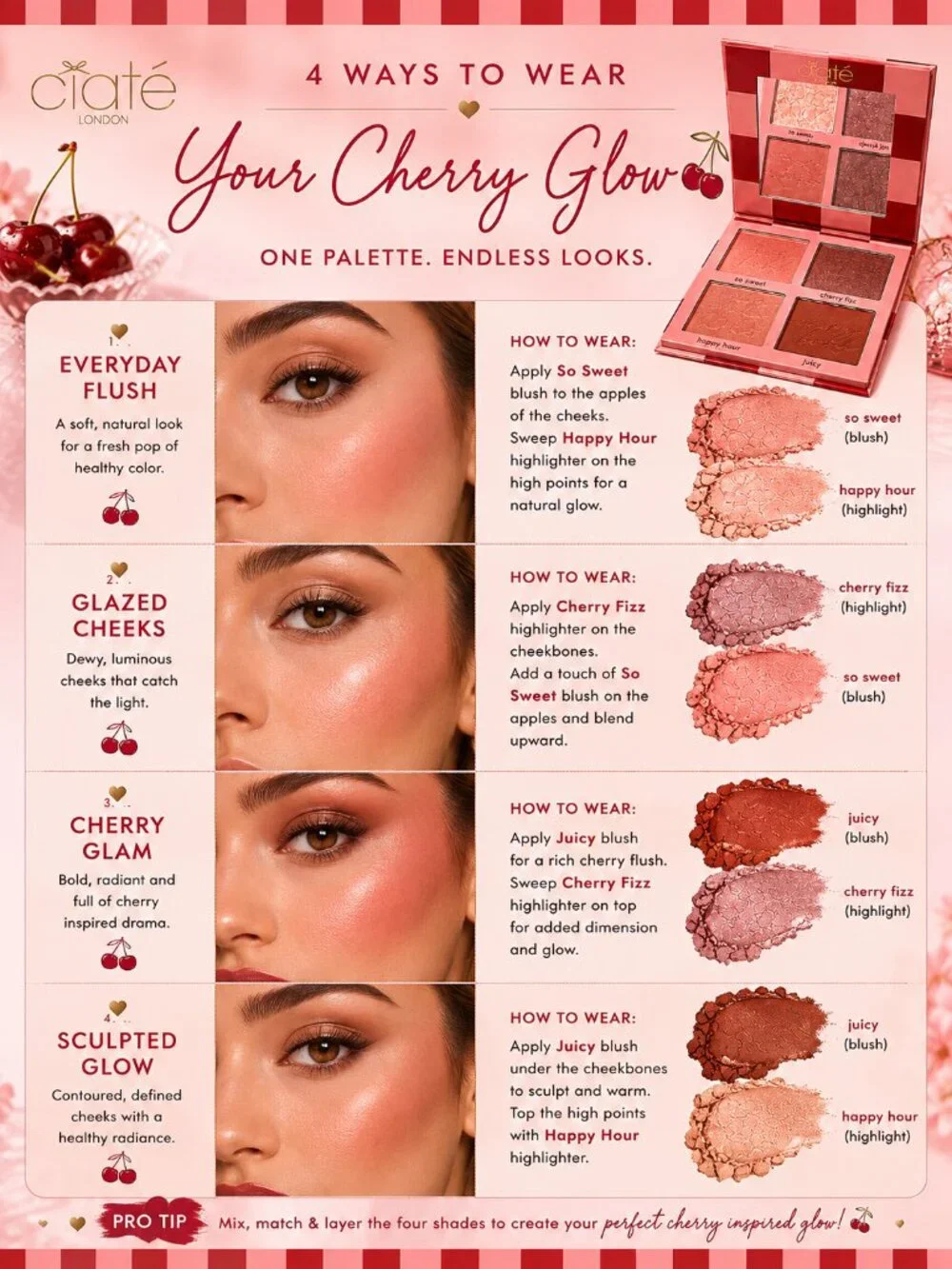 Ciaté London Cherry Bomb Blush & Highlighter Palette 4 Shades New